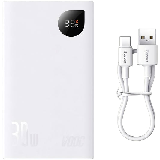 Baseus Adaman2 Externt batteri, 20000mAh, 30W, QC + PD, 1 x USB-C - 2 x USB-A, Vit PPAD080102