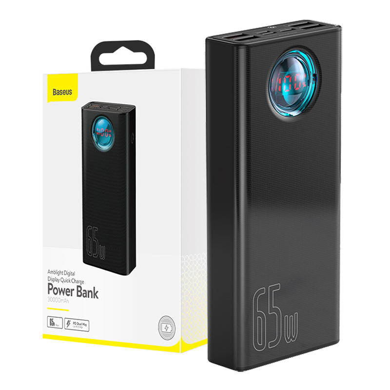 Baseus Amblight External Battery Digital Display, 30000mAh, 65W, QC + PD, 1 x USB-C - 4 x USB-A, Black PPLG000101