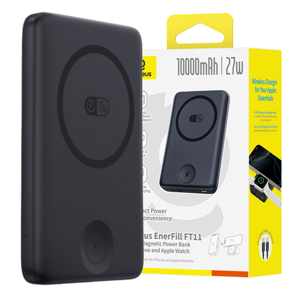 Extern batteri Baseus Bank EnerFill FT11, 10000mAh, 27W, PD + QI + FQI, 2 x QI - 1 x USB-C, Svart P1008210G123-00