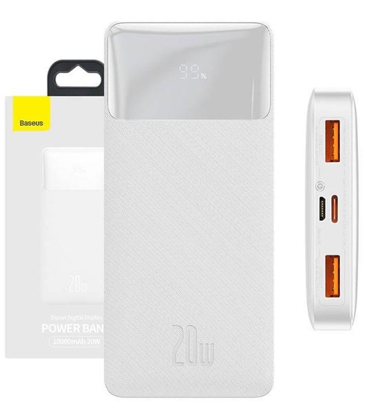 Extern batteri Baseus Bipow, 10000mAh, 20W, QC + PD, 1 x USB-C - 2 x USB-A, Vit PPBD050502