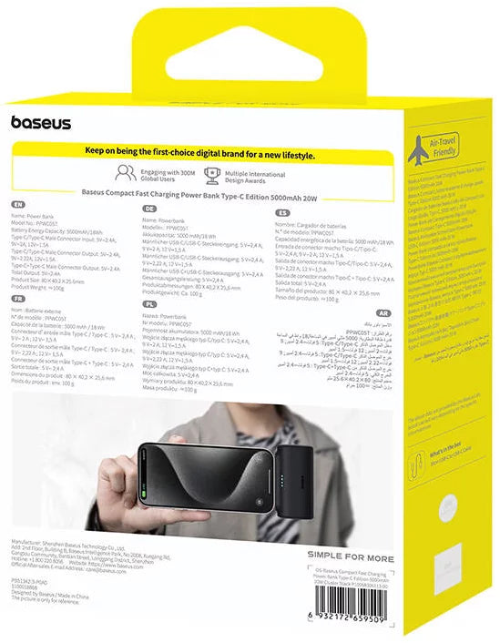 Baseus Compact External Battery, 5000mAh, 20W, PD, 2 x USB-C, Black P10068306113-00
