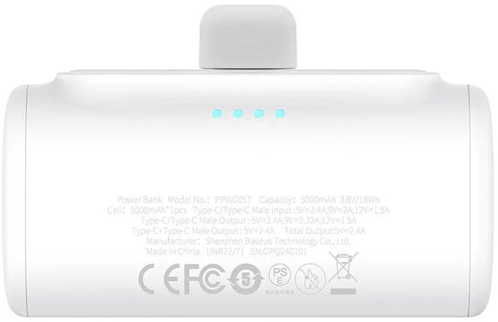 Baseus Compact External Battery, 5000mAh, 20W, PD, 2 x USB-C, White P10068306213-00