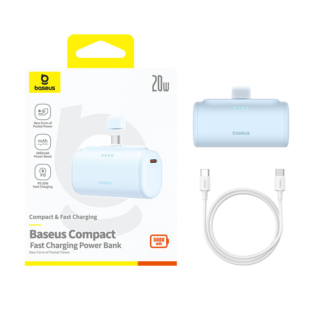Extern batteri Baseus Compact, 5000mAh, 20W, PD, 2 x USB-C, Blå P10068306313-00