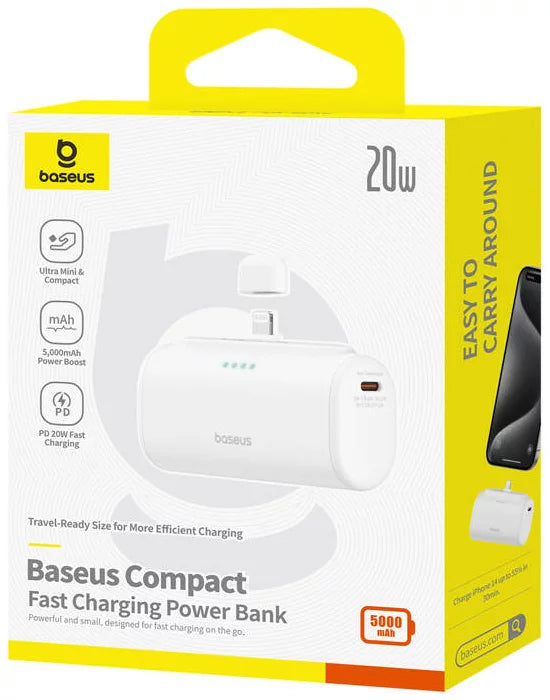 Baseus Compact External Battery, 5000mAh, 20W, PD, 1 x Lightning - 1 x USB-C, White P10068307213-00