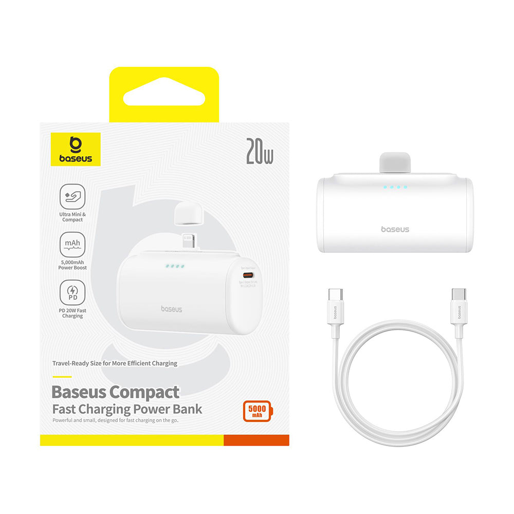 Extern batteri Baseus Compact, 5000mAh, 20W, PD, 1 x Lightning - 1 x USB-C, Vit P10068307213-00