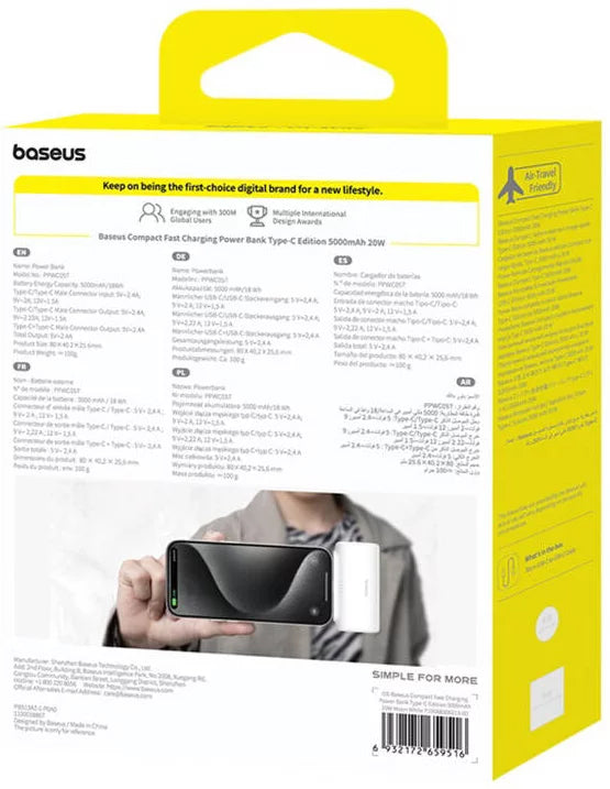 Baseus Compact External Battery, 5000mAh, 20W, PD, 2 x USB-C, White P10068306213-00
