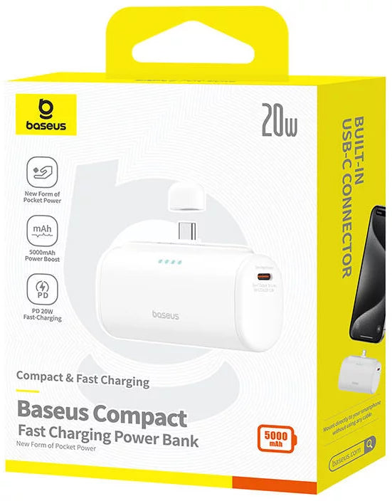 Baseus Compact External Battery, 5000mAh, 20W, PD, 2 x USB-C, White P10068306213-00