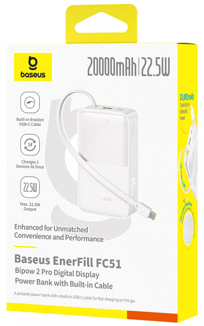 Extern batteri Baseus EnerFill Bipow2 Pro, 20000mAh, 22.5W, QC + PD, 1 x USB-A - 2 x USB-C, Vit E0027700