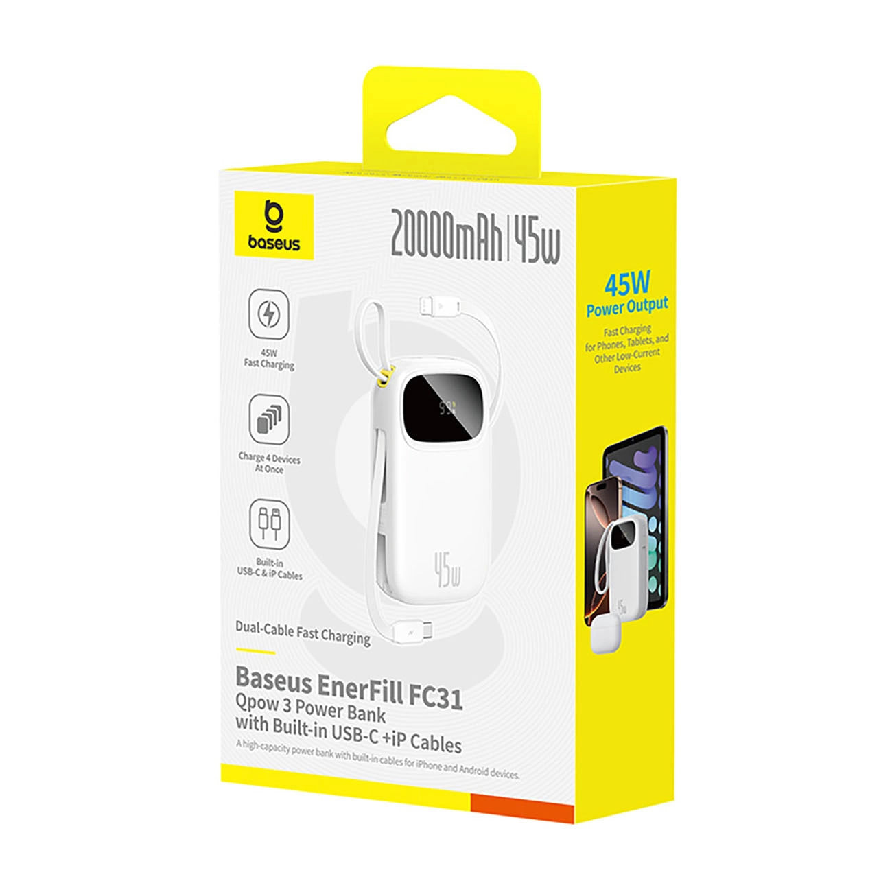 Extern batteri Baseus EnerFill FC31, 20000mAh, 45W, QC + PD, 1 x Lightning - 1 x USB-A - 2 x USB-C, Vit E0028D01
