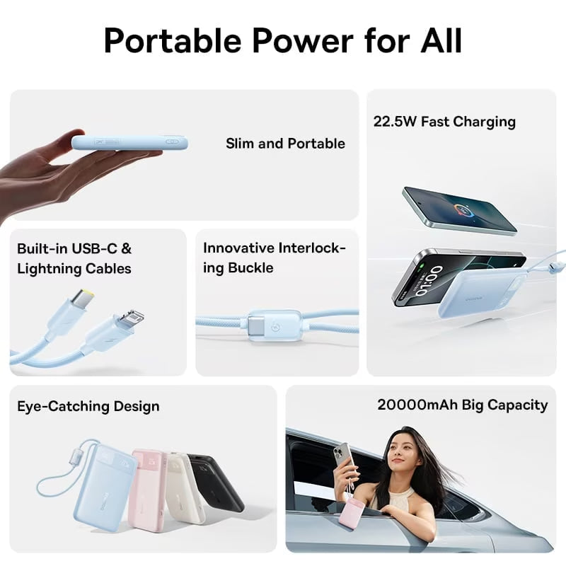 Externt Batteri Baseus EnerFill FC11, 20000mAh, 22.5W, QC + PD, 1 x Lightning - 1 x USB-A - 2 x USB-C, Svart E0027S04