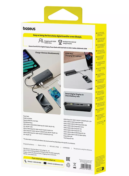 Extern batteri Baseus EnerFill FC41, 20000mAh, 100W, QC + PD, 1 x USB-A - 3 x USB-C, Svart E0028N03