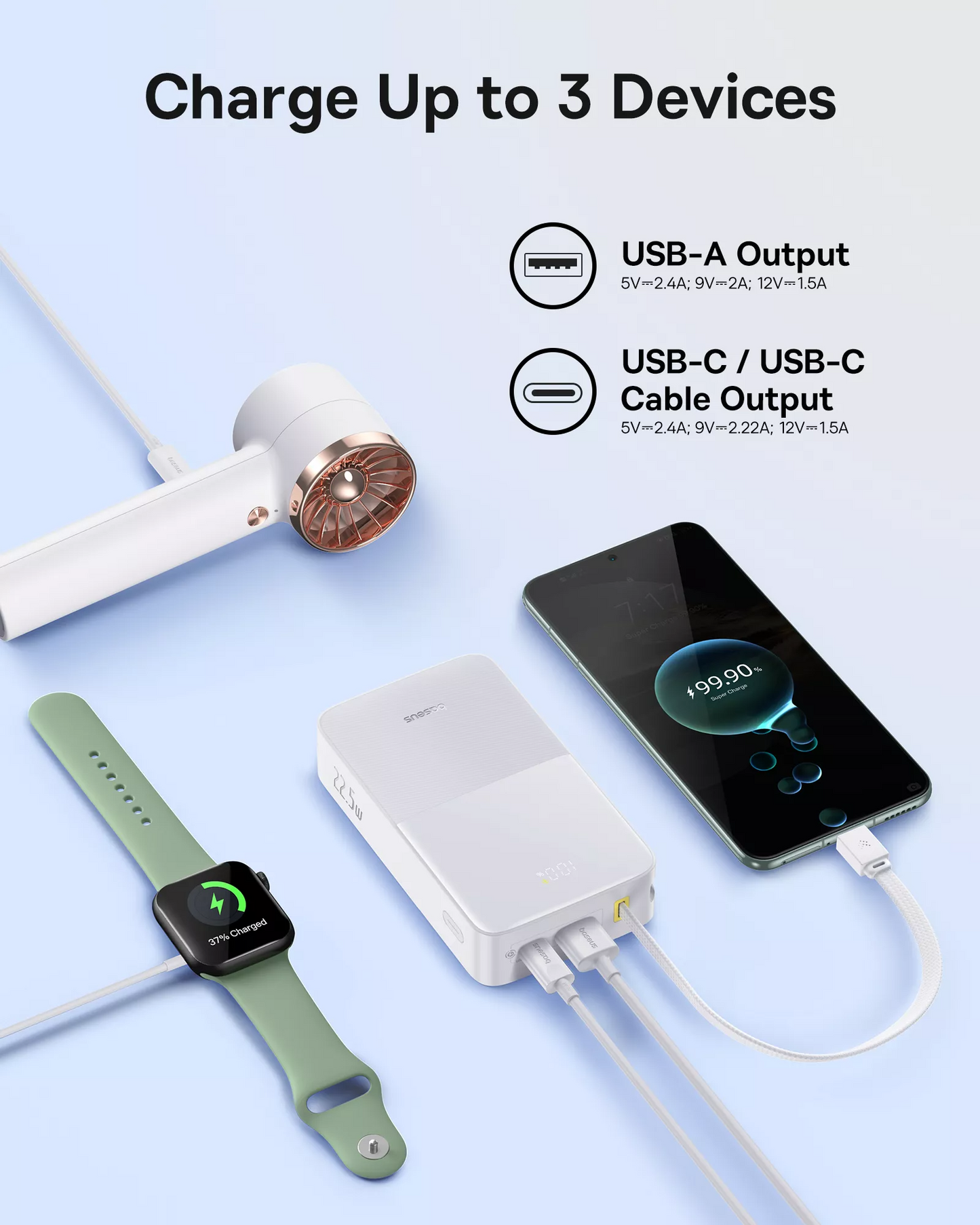 Extern batteri Baseus EnerFill Bipow2 Pro, 20000mAh, 22.5W, QC + PD, 1 x USB-A - 2 x USB-C, Vit E0027700