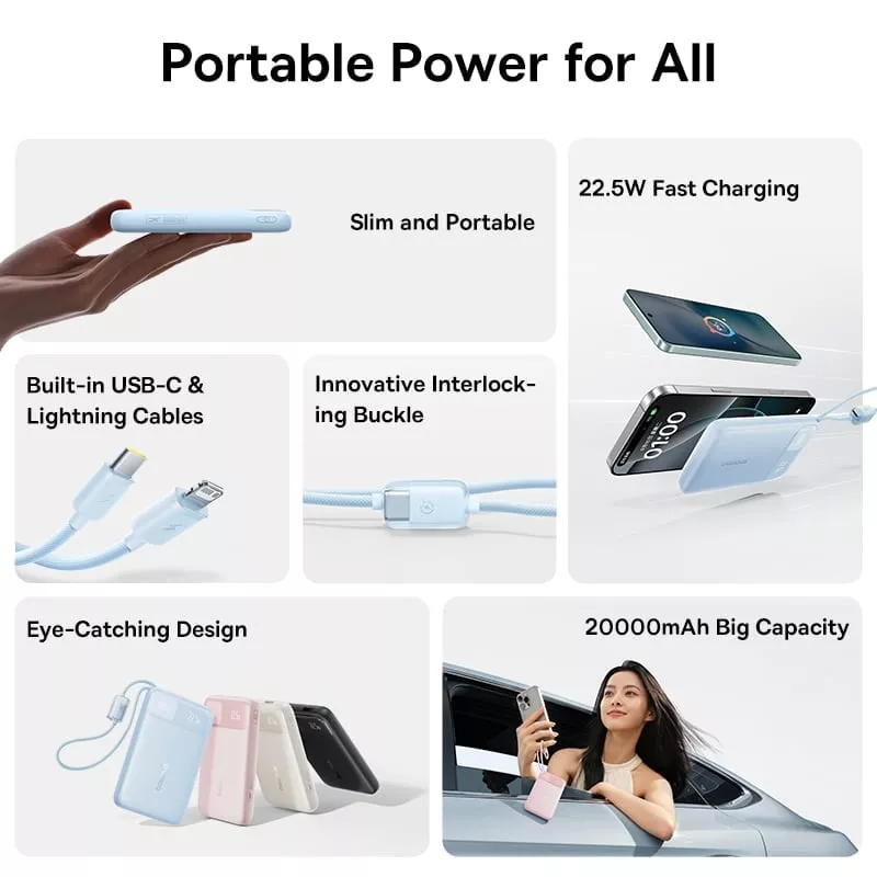Externt Batteri Baseus EnerFill FC11, 10000mAh, 22.5W, QC + PD, 1 x Lightning - 1 x USB-A - 2 x USB-C, Svart E0027R04