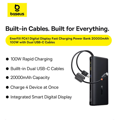 Extern batteri Baseus EnerFill FC41, 20000mAh, 100W, QC + PD, 1 x USB-A - 3 x USB-C, Svart E0028N03