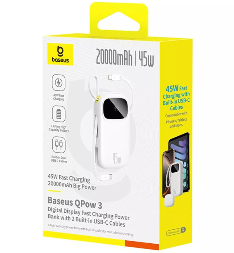 Externt batteri Baseus EnerFill FC31, 20000mAh, 45W, QC + PD, 1 x Lightning - 1 x USB-A - 2 x USB-C, Vit P10082105213-00