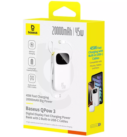 Externt batteri Baseus EnerFill FC31, 20000mAh, 45W, QC + PD, 1 x Lightning - 1 x USB-A - 2 x USB-C, Vit P10082105213-00