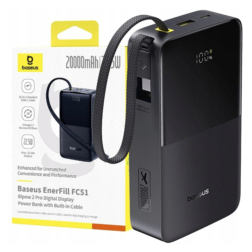 Extern batteri Baseus EnerFill Bipow2 Pro, 20000mAh, 22.5W, QC + PD, 1 x USB-A - 2 x USB-C, Svart E0027701