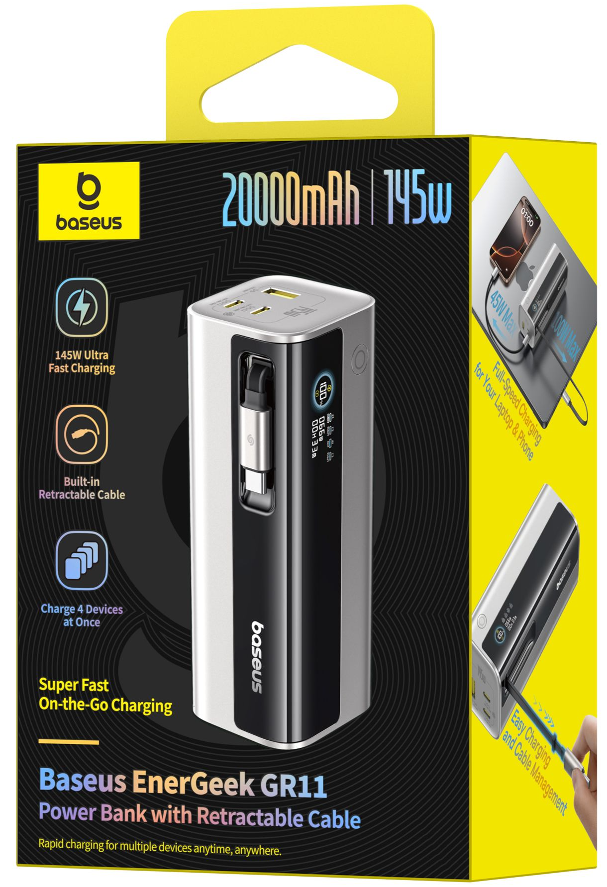 Externt Batteri Baseus EnerGeek GR11, 20000mAh, 145W, QC + PD, 1 x USB-A - 3 x USB-C, Silver E0027B02