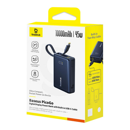 Extern batteri Baseus PicoGo, 10000mAh, 45W, QC + PD, 1 x USB-A - 2 x USB-C, Svart P10076803123-00