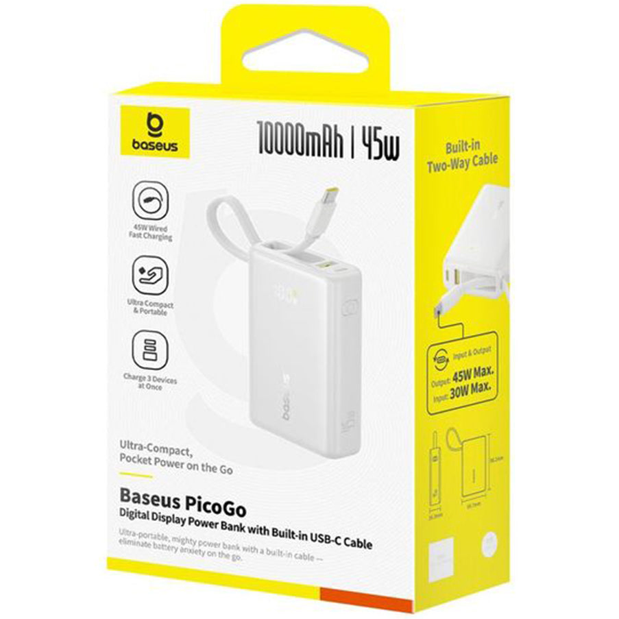 Extern batteri Baseus PicoGo, 10000mAh, 45W, QC + PD, 1 x USB-A - 2 x USB-C, Vit P10076803213-00