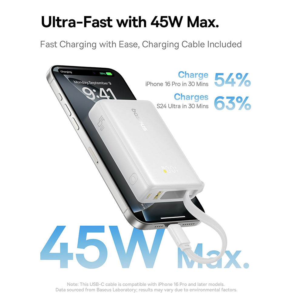 Extern batteri Baseus PicoGo, 10000mAh, 45W, QC + PD, 1 x USB-A - 2 x USB-C, Vit P10076803213-00