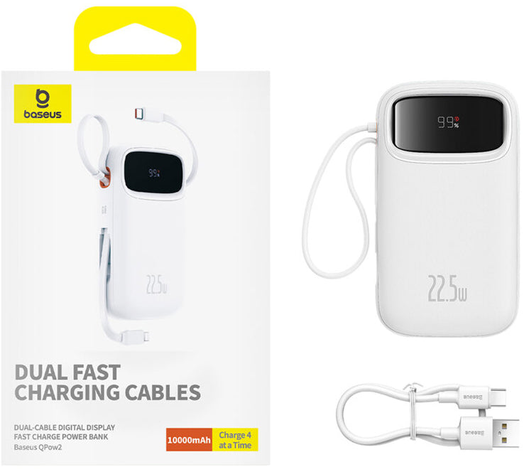 Baseus Qpow2 External Battery, 10000mAh, 22.5W, QC + PD, 1 x Lightning - 1 x USB-A - 2 x USB-C, White P10055003223-00