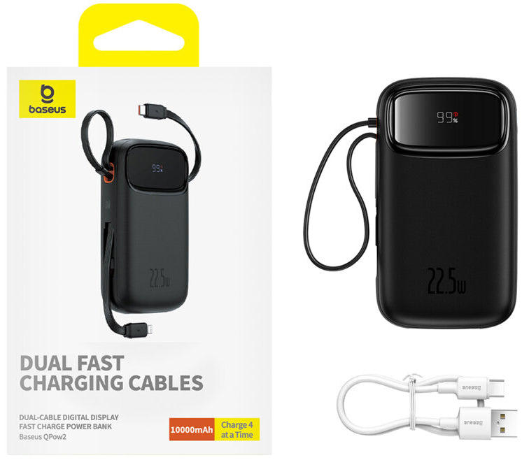 Baseus Qpow2 External Battery, 10000mAh, 22.5W, QC + PD, 1 x Lightning - 1 x USB-A - 2 x USB-C, Black P10055003113-00