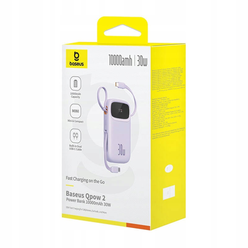 Extern batteri Baseus Qpow2, 10000mAh, 30W, QC + PD, 1 x USB-A - 3 x USB-C, Lila P10055008513-00