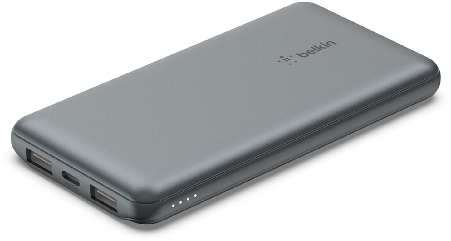 Belkin BoostCharge Extern Batteri, 10000mAh, 15W, 1 x USB-C - 2 x USB-A, Grå BPB011btGY