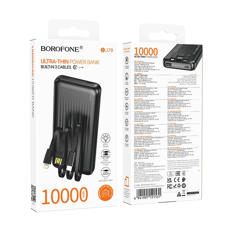 Extern batteri Borofone BJ79 Clever, 10000mAh, 10W, 1 x Lightning - 1 x USB-A - 1 x USB-C, Svart