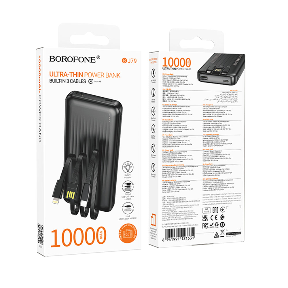 Extern batteri Borofone BJ79 Clever, 10000mAh, 10W, 1 x Lightning - 1 x USB-A - 1 x USB-C, Svart
