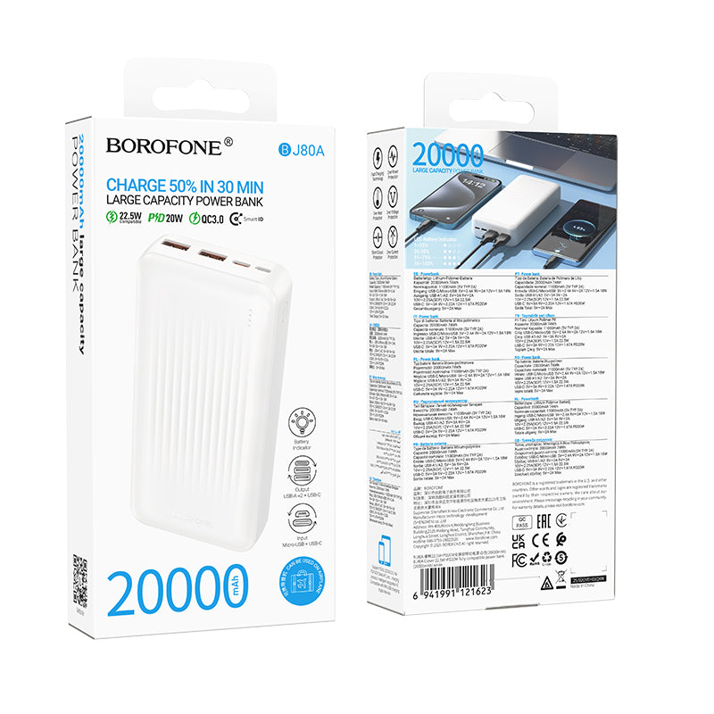 Extern batteri Borofone BJ80A Clever, 20000mAh, 22.5W, QC + PD, 1 x USB-C - 2 x USB-A, Vit