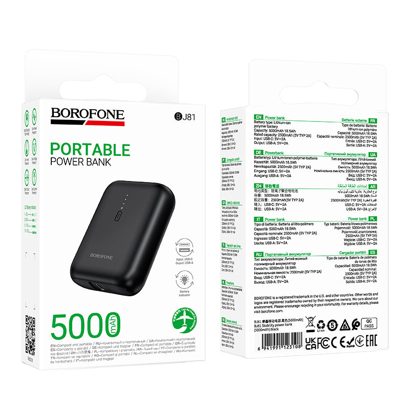 Borofone BJ81 Stability Extern Batteri, 5000mAh, 10W, 1 x USB-A, Svart