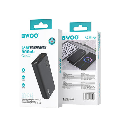 Extern batteri BWOO BO-P44, 20000mAh, 22.5W, QC + PD, 1 x USB-C - 2 x USB-A, Svart