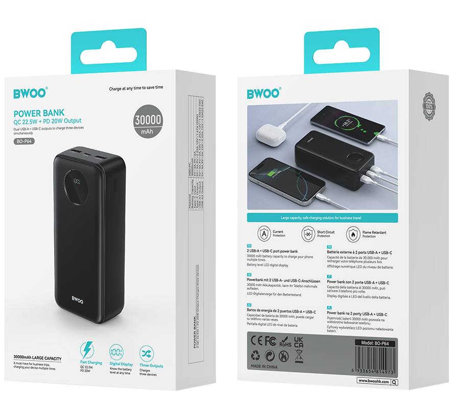 Extern batteri BWOO BO-P64, 30000mAh, 22.5W, QC + PD, 1 x USB-C - 2 x USB-A, Svart