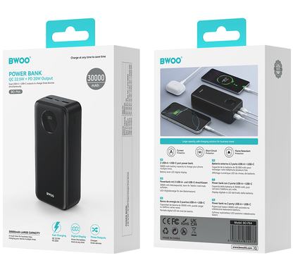 Extern batteri BWOO BO-P64, 30000mAh, 22.5W, QC + PD, 1 x USB-C - 2 x USB-A, Svart