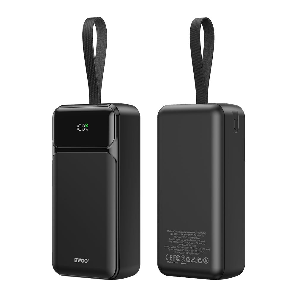Extern batteri BWOO BO-P66, 30000mAh, 65W, QC + PD, 1 x USB-C - 2 x USB-A, Svart