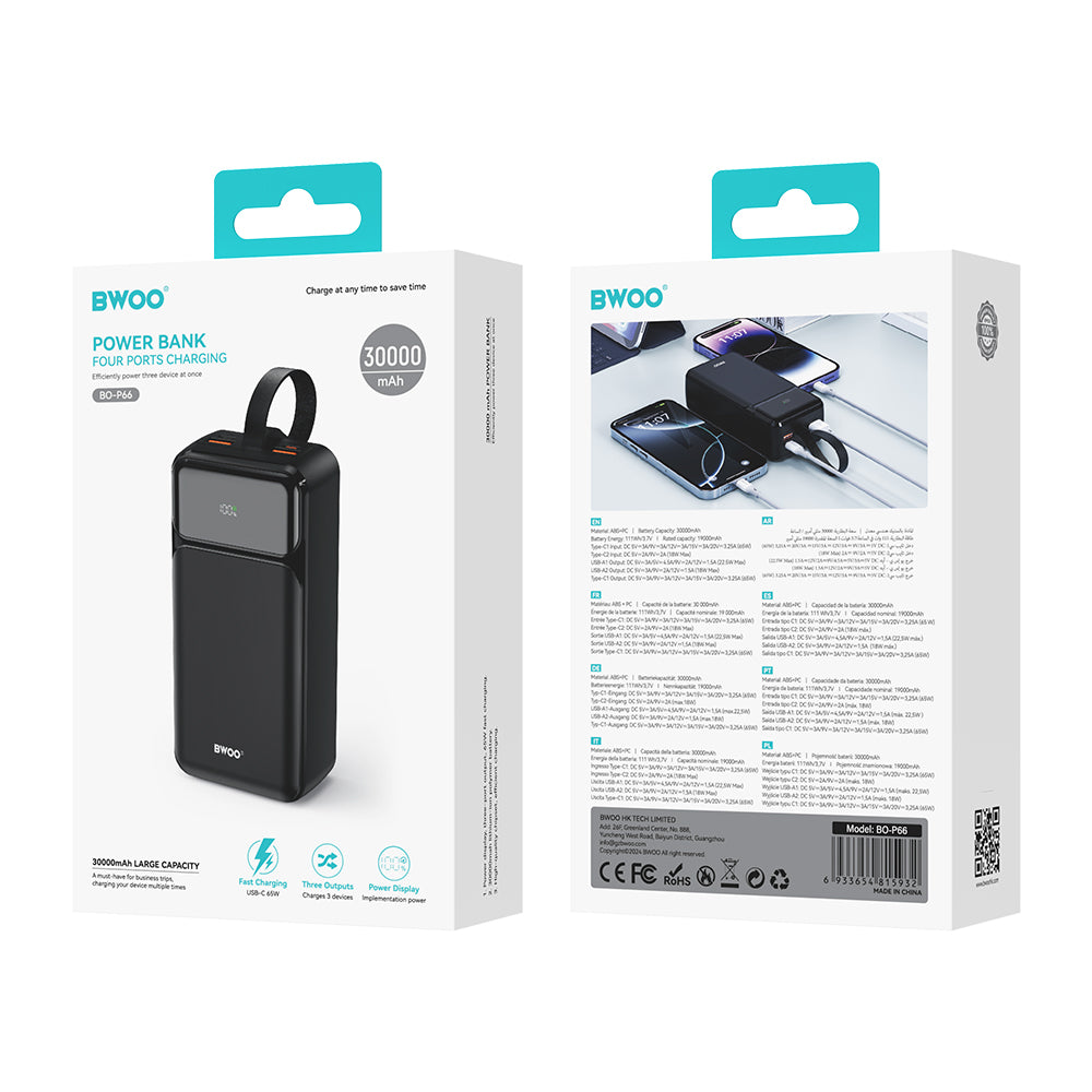 Extern batteri BWOO BO-P66, 30000mAh, 65W, QC + PD, 1 x USB-C - 2 x USB-A, Svart
