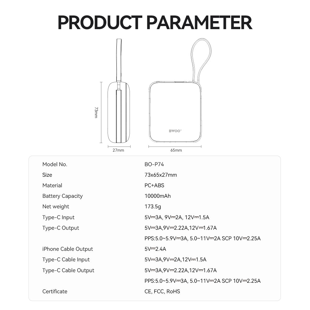 Extern batteri BWOO BO-P74, 10000mAh, 22.5W, PD, 1 x Lightning - 2 x USB-C, Svart