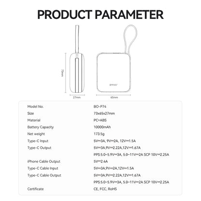 Extern batteri BWOO BO-P74, 10000mAh, 22.5W, PD, 1 x Lightning - 2 x USB-C, Svart