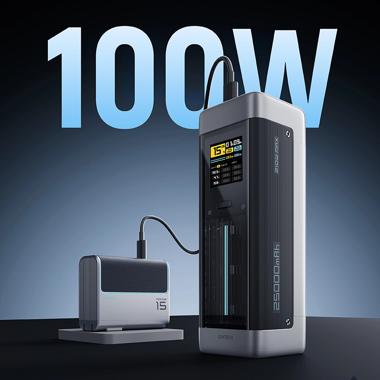 Extern batteri Cuktech, 25000mAh, 210W, QC + PD, 1 x USB-A - 2 x USB-C, Svart CUK00P23GLBK