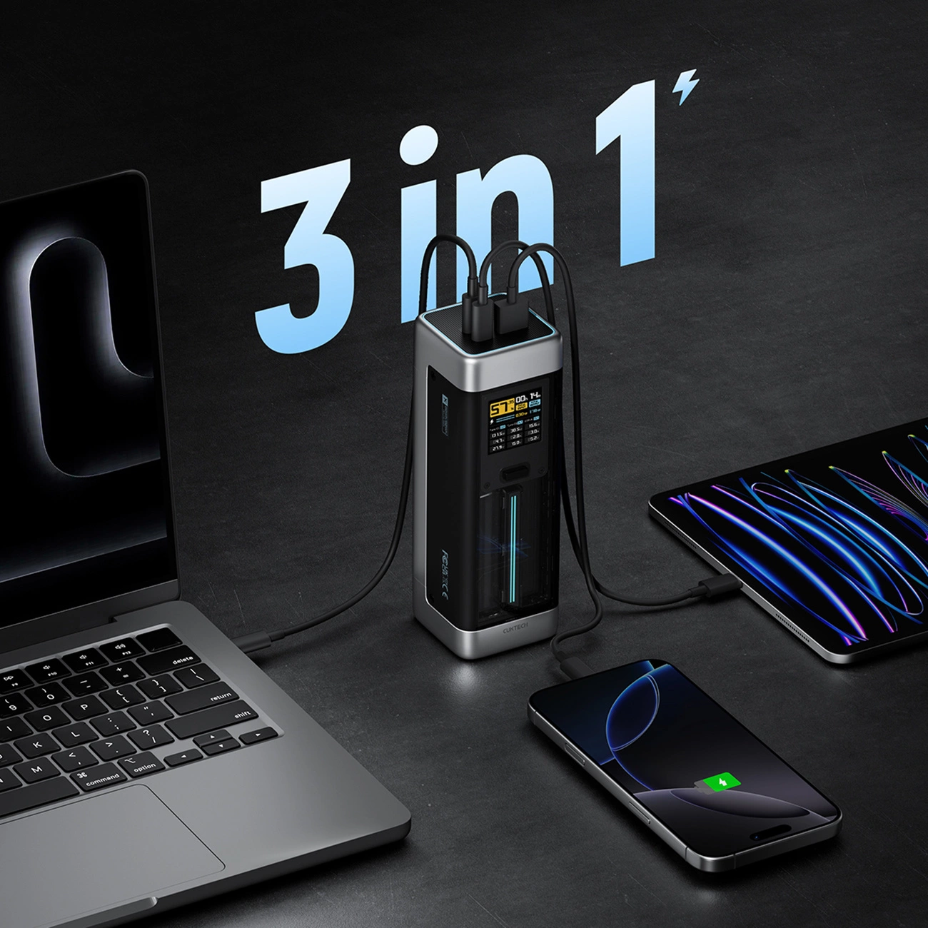 Extern batteri Cuktech, 25000mAh, 210W, QC + PD, 1 x USB-A - 2 x USB-C, Svart CUK00P23GLBK
