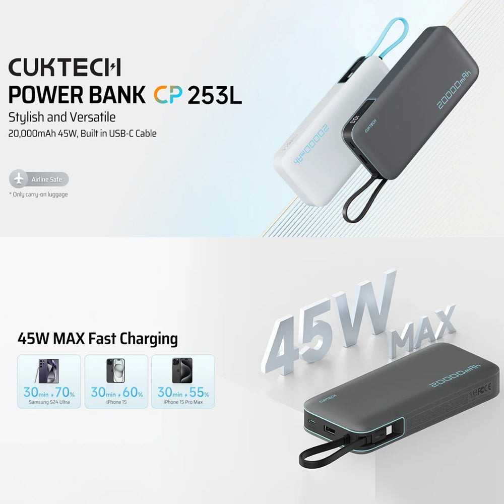 Extern batteri Cuktech LPB200N, 20000mAh, 45W, QC + PD, 1 x USB-A - 2 x USB-C, Vit CUKP200NGLLG