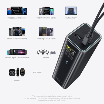 Cuktech PB200U powerbank, 20 000 mAh, 210 W, QC + PD, 1 x USB-A – 2 x USB-C, vit CKPB200UGLGR