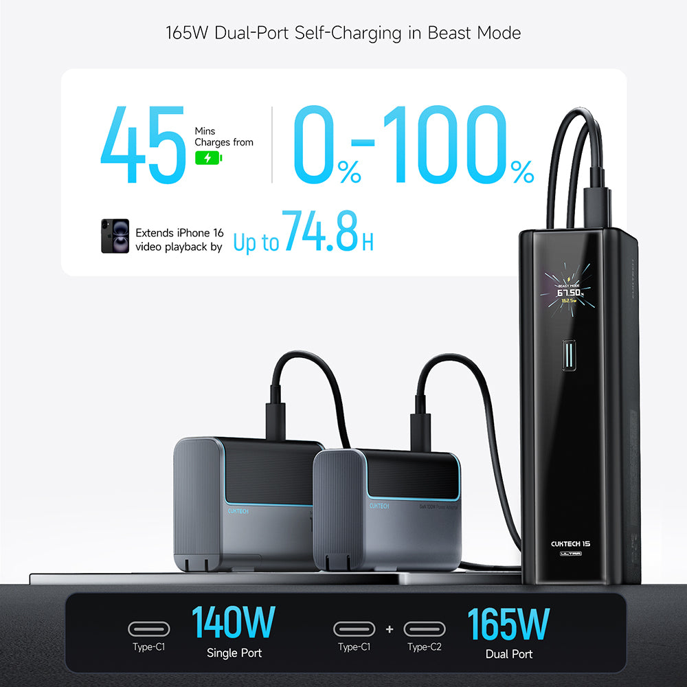 Cuktech PB200U powerbank, 20 000 mAh, 210 W, QC + PD, 1 x USB-A – 2 x USB-C, vit CKPB200UGLGR