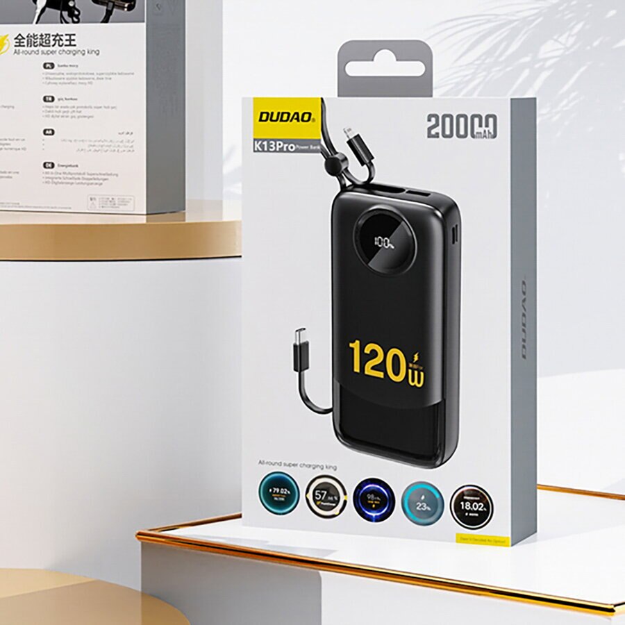 Extern batteri Dudao K13, 10000mAh, 22.5W, QC + PD, 1 x Lightning - 1 x USB-A - 2 x USB-C, Svart
