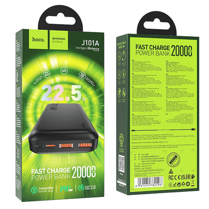 Extern batteri HOCO J101A, 20000mAh, 22,5W, QC + PD, 1 x USB-C - 2 x USB-A, Svart