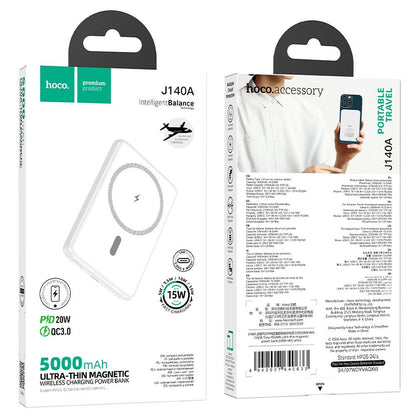 Trådlös Extern Batteri HOCO J140A, 5000mAh, 20W, PD + QI, 1 x USB-C, Vit