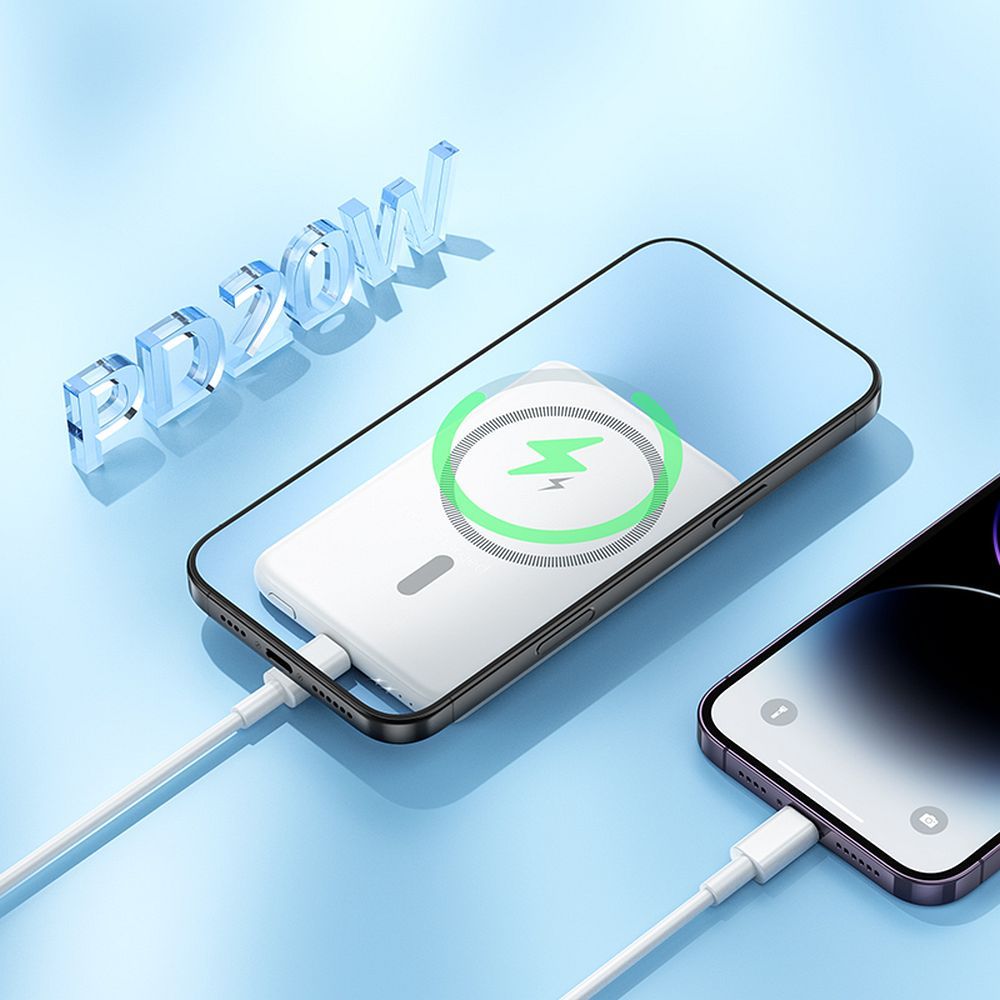 Trådlös Extern Batteri HOCO J140A, 5000mAh, 20W, PD + QI, 1 x USB-C, Vit