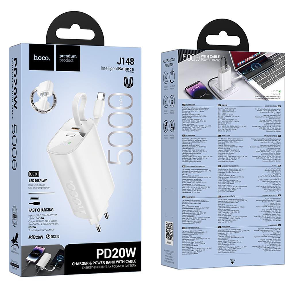 HOCO J148 2-i-1 powerbank, 5000 mAh, 20 W, PD, 2 x USB-C, vit